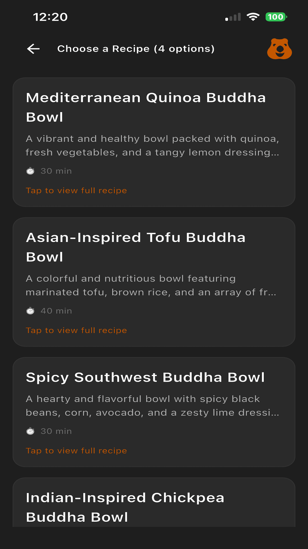 Inspire mode showing 4 recipe options